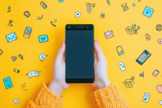 Руки держат смартфон с пустым экраном на жёлтом фоне с рисунками