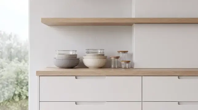 Стеклянные банки и миски на деревянной полке светлой кухни