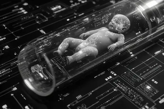 3D-рендер младенца в стеклянной капсуле на фоне микросхем