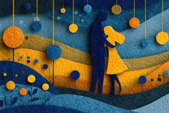 Мечтательная сцена с многослойными полями и изогнутыми формами намекает на романтику, комфорт, праздник и обнадеживающее настроение, приглашая зрителей задержаться, помечтать и почувствовать нежность