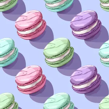 Иллюстрация с разноцветными миндальными пирожными макарон на сиреневом фоне