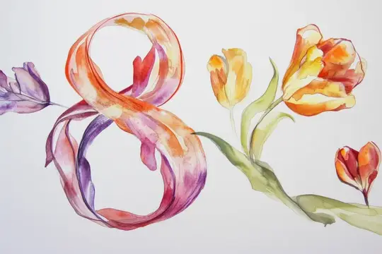 Акварельная цифра восемь с тюльпанами и лентами