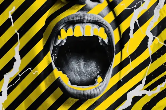 Кричащий рот с жёлтыми зубами на фоне чёрно-жёлтых полос