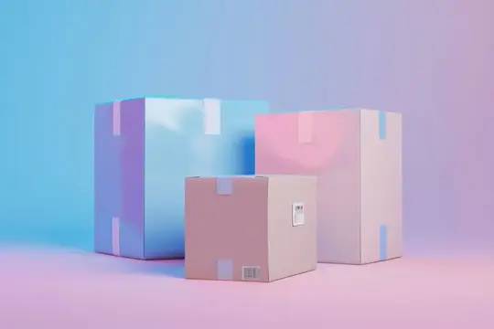 3D-рендер трёх картонных коробок в неоновом сине-розовом свете