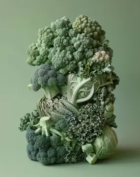 3D-рендер скульптуры из брокколи, капусты и зелени на оливковом фоне