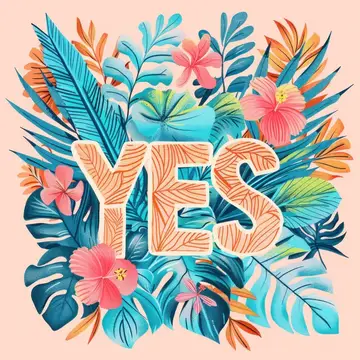 Иллюстрация с надписью YES среди тропических листьев и цветов