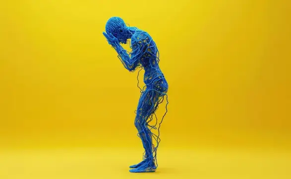 3D-рендер синей проволочной фигуры в позе отчаяния на жёлтом фоне