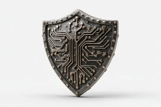 Эта композиция передает смелое, индустриальное настроение с приглушенным освещением и резким контрастом, намекая на бдительность, инновации и цифровую защиту в современной оборонительной эстетике
