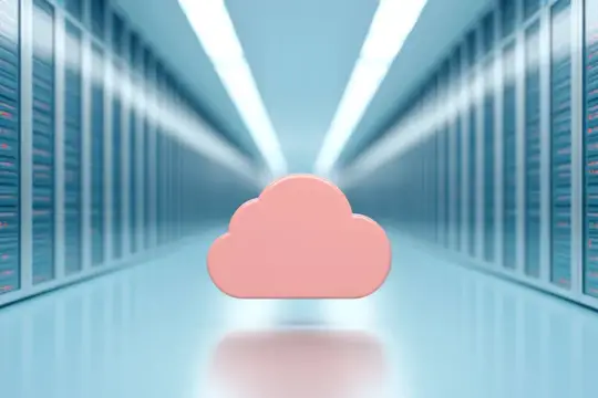3D-рендер розового облака в проходе между серверными стойками