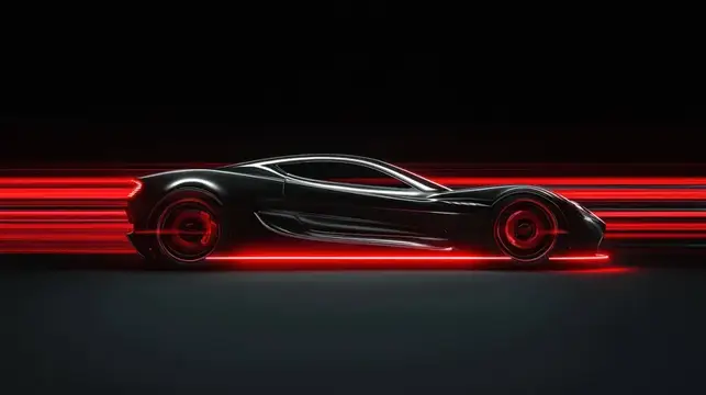 3D-рендер чёрного спорткара на фоне красных световых полос
