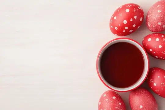 Красные пасхальные яйца с белым узором и чашка чая на светлом столе
