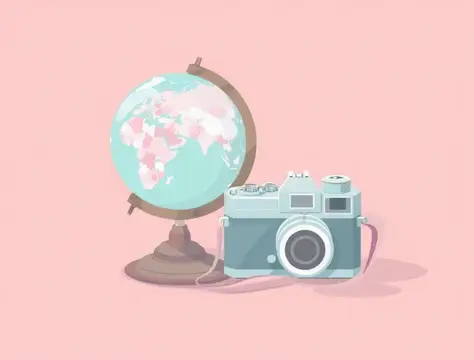 Иллюстрация с глобусом и плёночным фотоаппаратом на розовом фоне