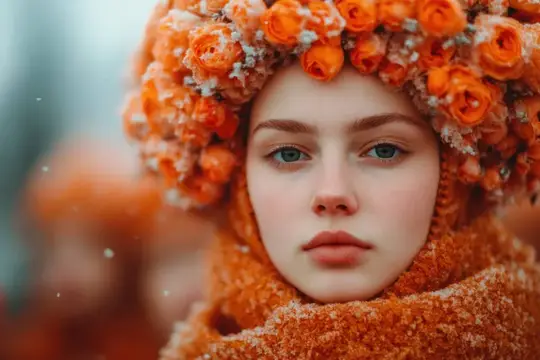 Молодая женщина, элегантно одетая в яркие оранжевые цветы на фоне снега, демонстрирующая зимнюю красоту и умиротворенные эмоции