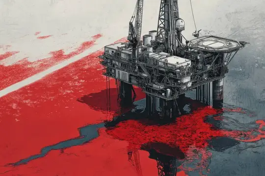 Нефтяная платформа в море с разливом красной нефти
