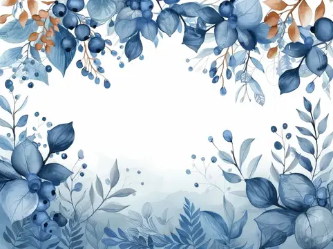 Акварельная рамка из синих ягод и листьев на белом фоне