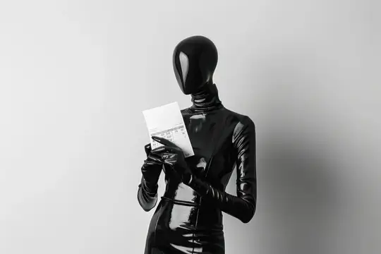 Монохромное изображение манекена в стильном платье с бумажной заметкой в руке