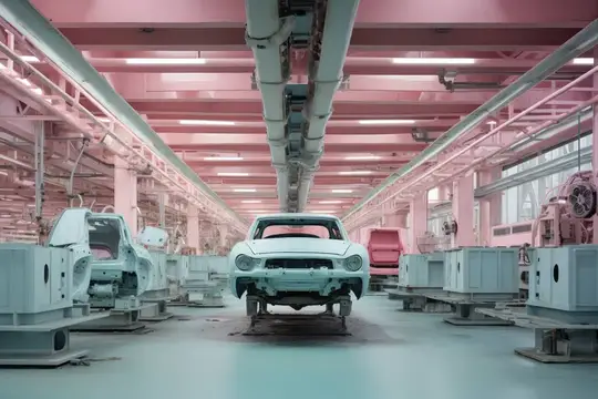 Розовый автомобильный завод с белым кузовом машины на конвейере
