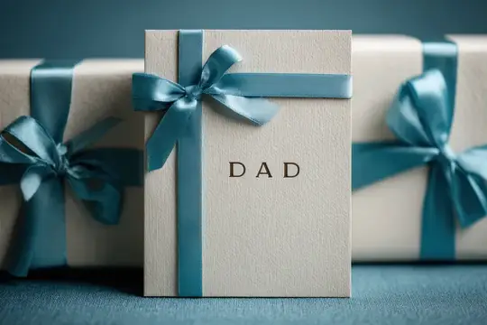 Подарочная коробка с надписью DAD перевязана синей лентой