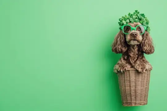 Коричневый спаниель в зелёных очках и венке сидит в плетёной корзине