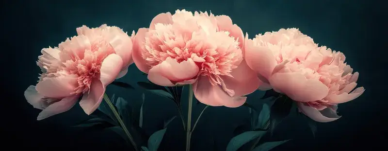 Три розовых пиона на тёмно-зелёном фоне