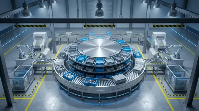 Реалистичная промышленная 3D-сцена, показывающая чистую симметричную линию повторного использования с возвращенными деталями, сортировочными станциями и эффективностью использования ресурсов