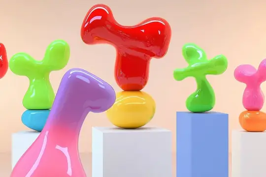 3D-рендер с разноцветными глянцевыми фигурками на постаментах