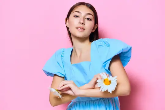 Человек, женщина, модная одежда, стиль, мода, молодая, счастливая, платье, цветы