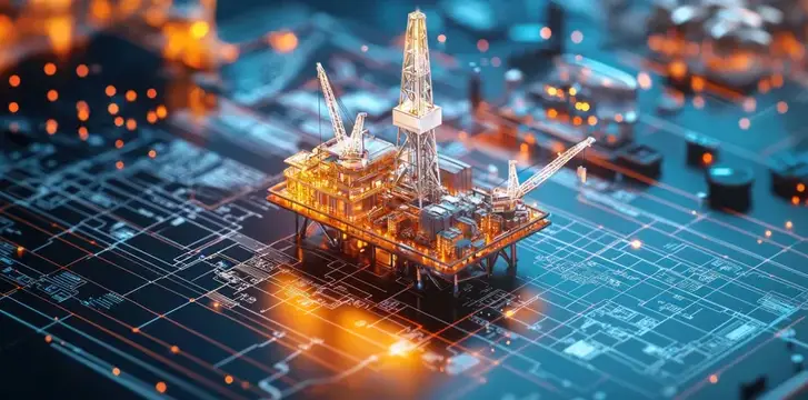 3D-рендер нефтяной платформы на фоне светящейся микросхемы
