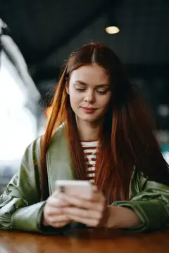 Рыжеволосая девушка смотрит в телефон в кафе