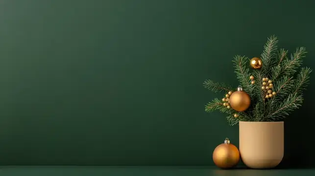Ветки ели с золотыми шарами в бежевом горшке на тёмно-зелёном фоне