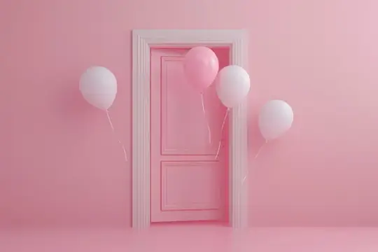 3D-рендер с розовой дверью и воздушными шарами