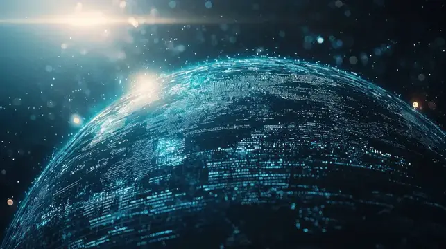 3D-рендер цифровой планеты Земля с сияющими огнями городов