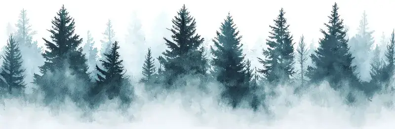 Акварельный зимний лес с елями в тумане
