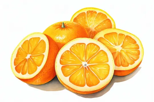 Иллюстрация с сочными апельсинами и дольками на белом фоне