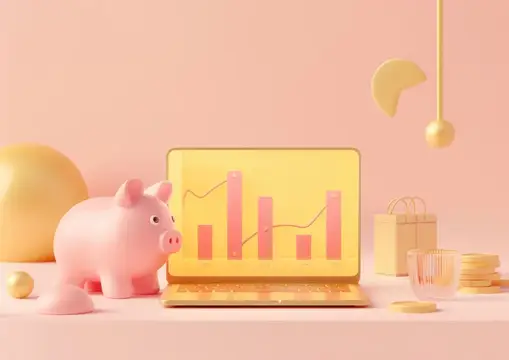 3D-рендер с розовой копилкой и ноутбуком с графиком