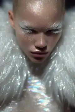 Атмосферный модный снимок, передающий эфирную драму, футуристический глэм и тихую интенсивность; игривое мерцание и холодные тона создают ощущение тайны и артистичной элегантности