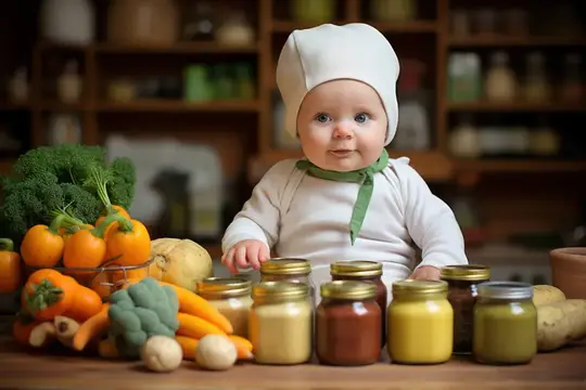 Младенец в поварском колпаке за столом с овощами и баночками пюре