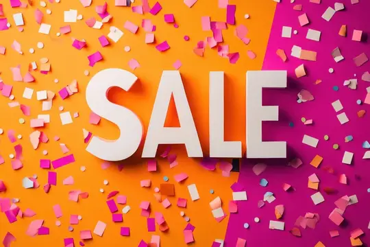 Объёмные белые буквы SALE среди конфетти на оранжево-розовом фоне