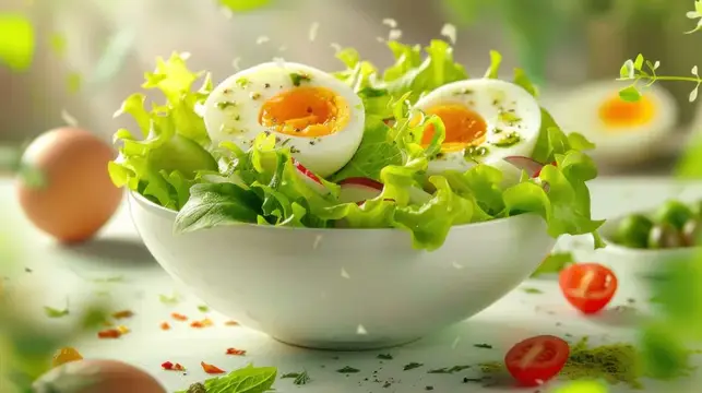 Свежий салат с яйцом и зеленью в белой миске