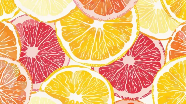 Иллюстрация с сочными ломтиками цитрусовых в ярких жёлтых и красных тонах