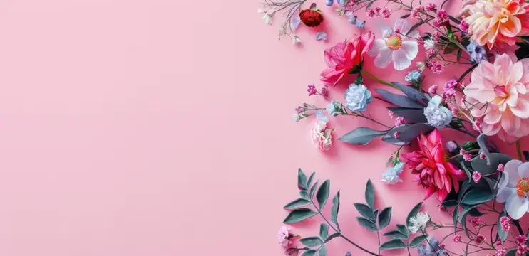 Нежные розовые и белые цветы с зелеными листьями на розовом фоне