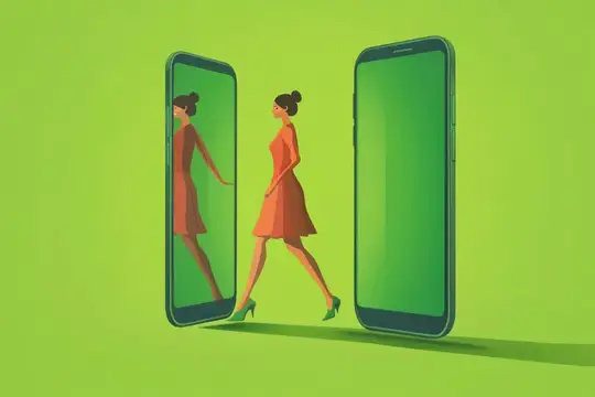 Иллюстрация женщины в платье между двумя смартфонами