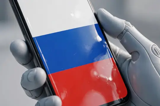 3D-рендер: роботизированная рука держит смартфон с флагом России