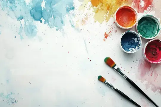 Банки с яркой гуашью и кисти на белом фоне с мазками краски