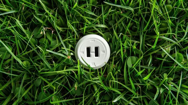 Белое зарядное USB-гнездо в окружении яркой зеленой травы иллюстрирует концепцию устойчивых технологий и природы