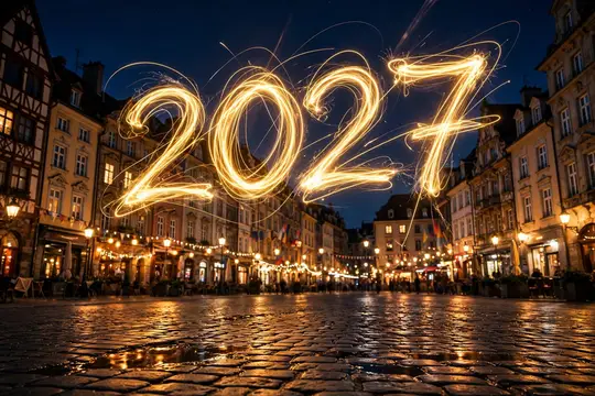 Светящиеся цифры 2027 над вечерней площадью старого города