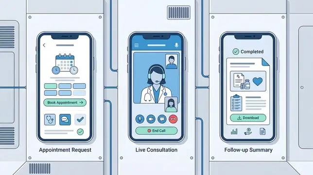 Иллюстрация смартфонов с этапами онлайн-консультации врача