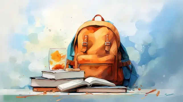 Иллюстрация с оранжевым рюкзаком и стопкой книг на фоне неба