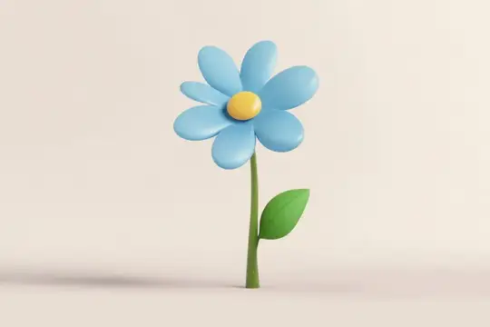 3D-рендер голубого цветка с жёлтой серединкой на светлом фоне