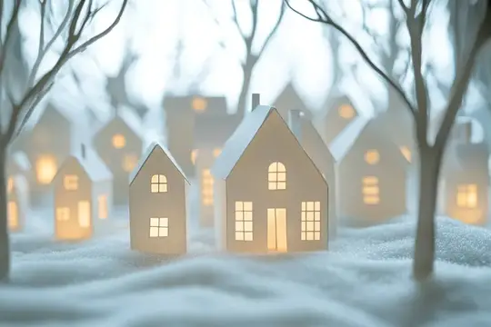 3D-рендер зимней деревни с бумажными домиками в снегу